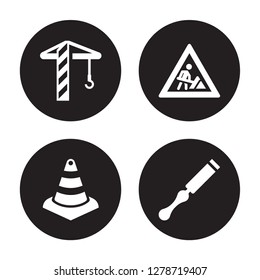 4 vector icon set : Crane, Cone, Construction, Chisel isolated on black background
