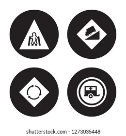 4 vector icon set : Crossing, circular intersection, steep descent, Caravan isolated on black background