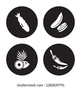 4 vector icon set : Cucumber, Coconut, Courgette, Chili isolated on black background