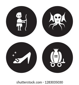 4 vector icon set : Curupira, Cinderella shoe, Cthulhu, carriage isolated on black background