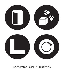 4 vector icon set : Cylinder, Corner, Cubes, Circle isolated on black background