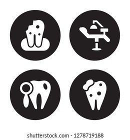 4 vector icon set : Damaged tooth, Check up, Clinic, Cavities isolated on black background