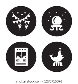 4 vector icon set : Decoration, Claw machine, Crystal Ball, Circus Seal isolated on black background