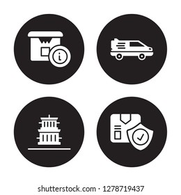 4 vector icon set : Delivery Info, delivery containers, by car, Logistic Protection isolated on black background