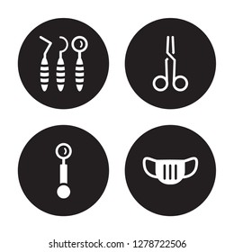 4 vector icon set : Dentist tools, Mirror, dentist Scissors, mask isolated on black background