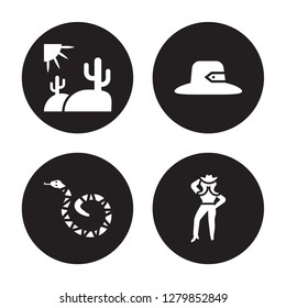 4 vector icon set : Desert Landscape, Crotalus, desert Hat, Cowgirl isolated on black background