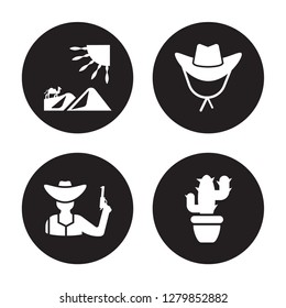 4 vector icon set : Desert, Cowboy, Cowboy Hat, Cactus isolated on black background