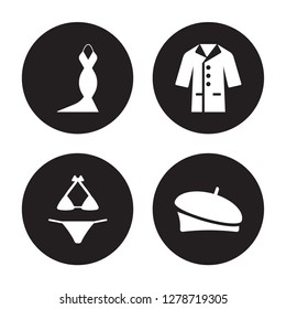 4 vector icon set : Dress, Bikini, Coat, Beret isolated on black background