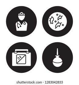 4 vector icon set : Drugs, Defibrillator, Desinfectant, Crutch isolated on black background