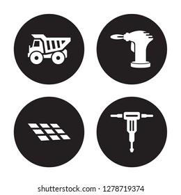 4 vector icon set : Dumper, Tiles, blowtorch, Hydraulic breaker isolated on black background