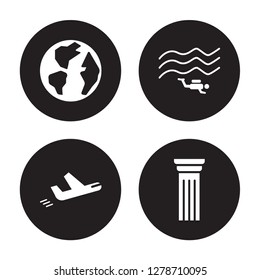 4 vector icon set : Earth globe, Departures, Diving, Column isolated on black background