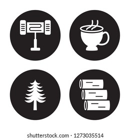 4 vector icon set : Electric heater, Fir, Hot tea, Logs isolated on black background