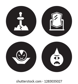 4 vector icon set : Excalibur, Dracula, Enchanted mirror, Cyclops isolated on black background