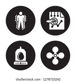 4 vector icon set : Exoskeleton, Egg incubator, Evaluation, Drone isolated on black background