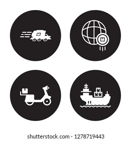 4 vector icon set : express delivery, scooter worldwide ship by sea isolated on black background