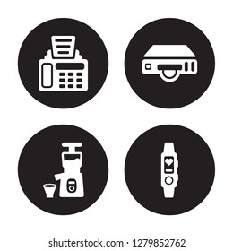 4 vector icon set : Fax Machine, Cold-pressed juicer, DVD Player, Activity tracker isolated on black background