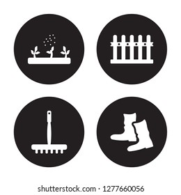 4 vector icon set : Fertilizer, farming Fork, Fence, farmer Boots isolated on black background
