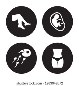 4 vector icon set : Foot side view, Fertilization, Fetus in an uterus, Female hips and waist isolated on black background