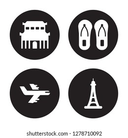 4 vector icon set : Forbidden city, Flight, Flip flops, Eiffel tower isolated on black background