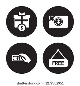 4 vector icon set : Giftbox, Get money, Gift card, Free isolated on black background