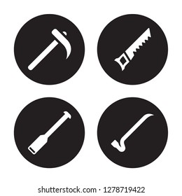 4 vector icon set : Hoe, Digging bar, Hand saw, Crowbar isolated on black background