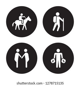 4 vector icon set : Horse riding, Greeting, Hiking, Greedy isolated on black background