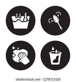 4 vector icon set : Hot water, Wiping, Feather duster, Liquid isolated on black background