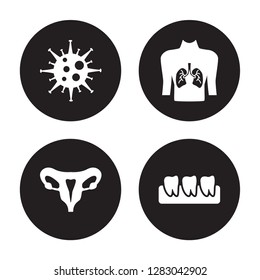4 vector icon set : Immune System, Human Uterus, with focus on the lungs, Teeth isolated black background