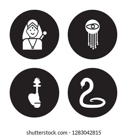 4 vector icon set : Indra, Hookah, Indian, Cobra isolated on black background