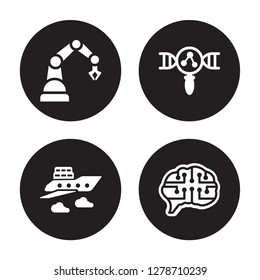 4 vector icon set : Industrial robot, fyling Vehicle, Genetic modification, future Brain isolated on black background