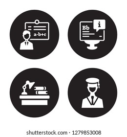 4 vector icon set : Instructor, Homework, Information, Graduation isolated on black background