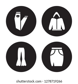 4 vector icon set : Jeans, Trousers, Hoodie, Skirt isolated on black background