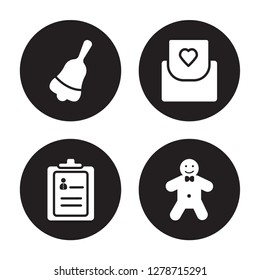 4 vector icon set : Jingle bell, Guest list, Invitation, Gingerbread man isolated on black background