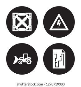 4 vector icon set : Joist, Loader, High voltage, Construction plan isolated on black background