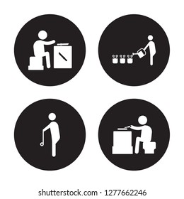 4 vector icon set : Knife making, Yoyo, Gardening, Wood carving isolated on black background