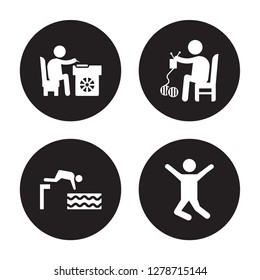 4 vector icon set : Lace making, Jumping to the water, Knitting, isolated on black background