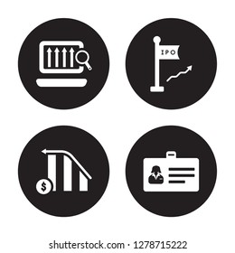 4 vector icon set : Laptop Profits Graphics, Increasing stocks, Ipo, Id card isolated on black background