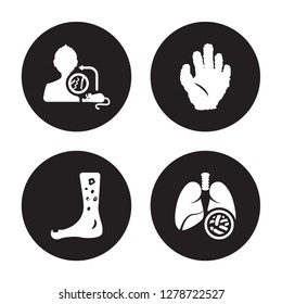 4 Vector Icon Set : Laryngitis, Kuru, Kwashiorkor, Kidney Stone Disease Isolated On Black Background