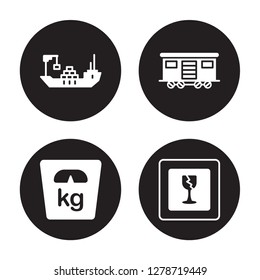 4 vector icon set : Logistic Ship, Weight, Cargo Train, Fragile isolated on black background