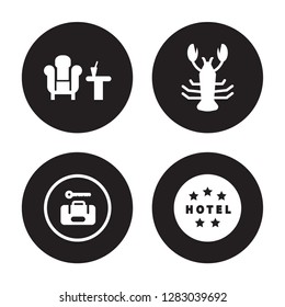 4 vector icon set : Lounge, Left-luggage, Lobster, Hotel isolated on black background