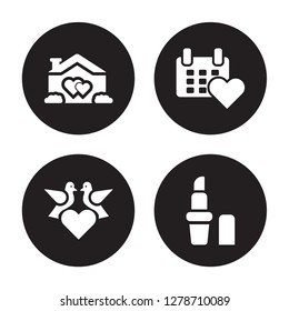 4 vector icon set : love House, Love Birds, Calendar, Lipstick isolated on black background