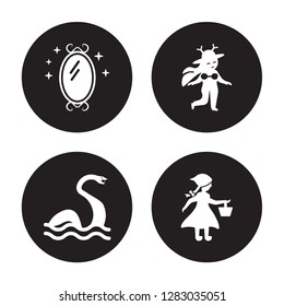 4 vector icon set : Magic mirror, Loch ness monster, Madre monte, Little  riding hood isolated on black background