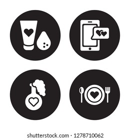 4 vector icon set : Makeup, Love Potion, love Smartphone, Plate isolated on black background