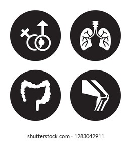 4 vector icon set : Male and female gender, Large Intestine, Lungs with the trachea, Kneecap isolated on black background
