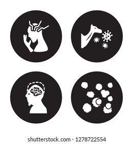 4 vector icon set : Mattticular syndrome, Malaria, Marburg fever, Mad cow disease isolated on black background