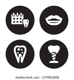 4 vector icon set : Medical appointment, Inner Tooth, Lips, Implant Fixture isolated on black background