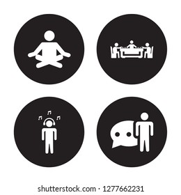 4 vector icon set : Meditating, Listening Music, Mahjong, Language isolated on black background