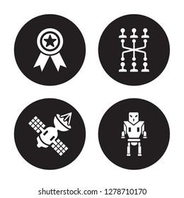 4 vector icon set : Militaty Medal, Military Satellites, strategy, robot machine isolated on black background
