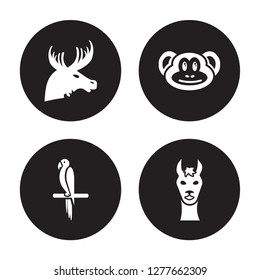 4 vector icon set : Moose, Macaw, Monkey, Llama isolated on black background