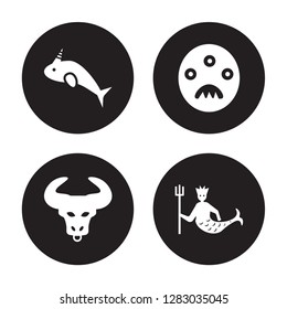 4 vector icon set : Narwhal, Minotaur, Monster, Merman isolated on black background